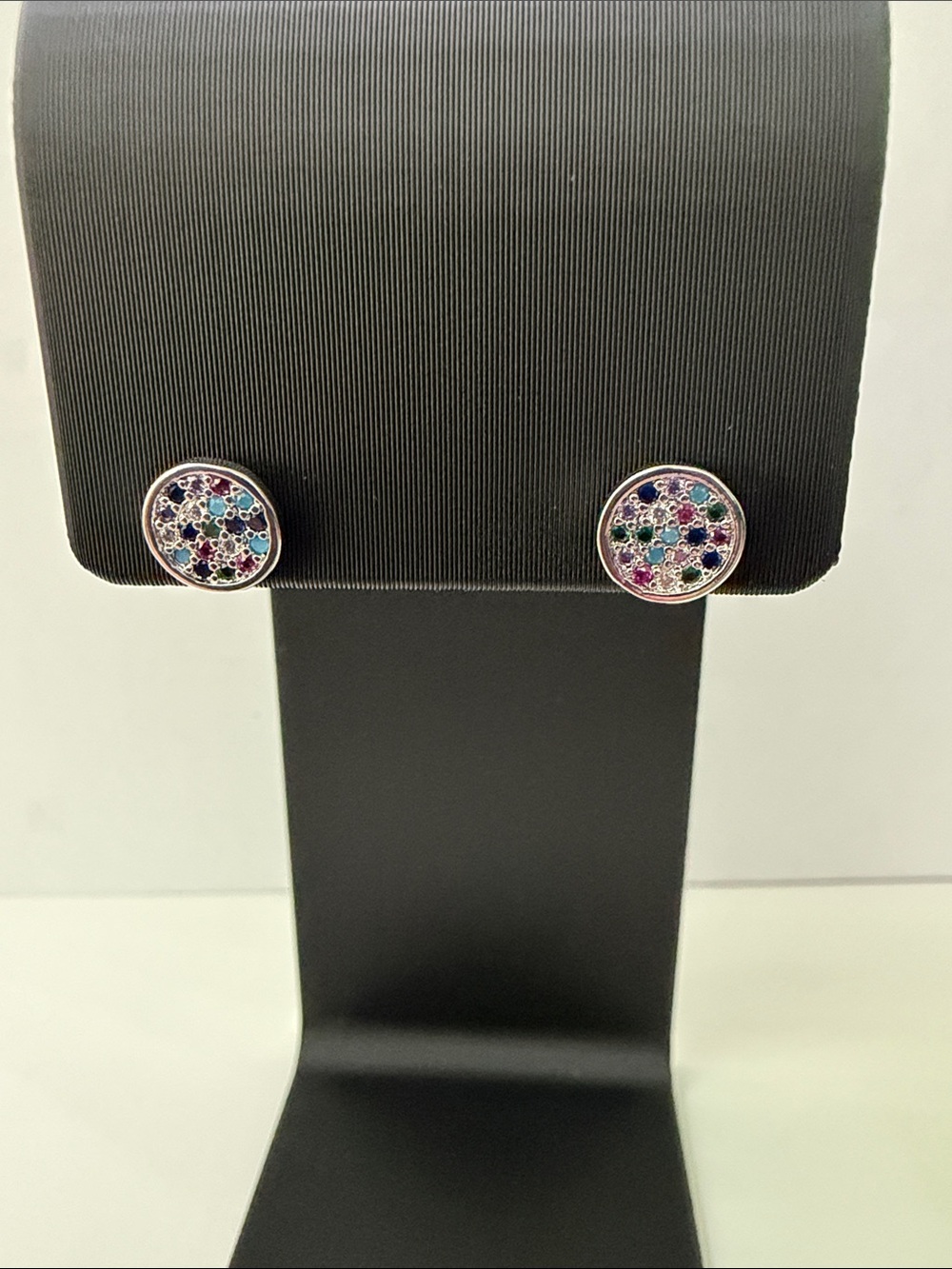 White gold Multi-Gemstone Round Stud Earrings - Pink, Blue & Green